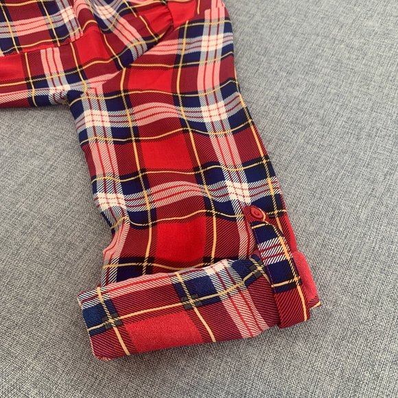 Cals Red Plaid Long Half Button Shirt Oversized Lightweight Top Small Semi-Sheer - Picture 10 of 12